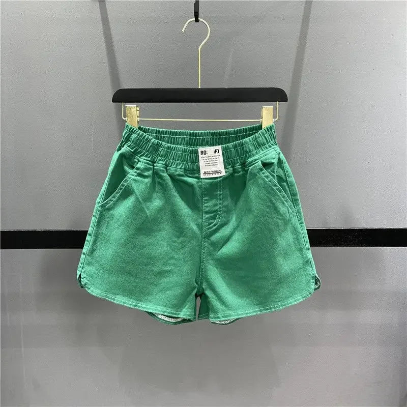Fashionable Summer 300kg Candy Color Labeled Elastic Waist Casual Shorts Women's Loose Fit A- line Bell Bottoms green