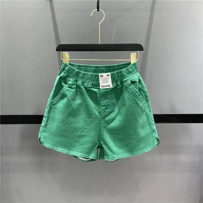 Fashionable Summer 300kg Candy Color Labeled Elastic Waist Casual Shorts Women's Loose Fit A- line Bell Bottoms green
