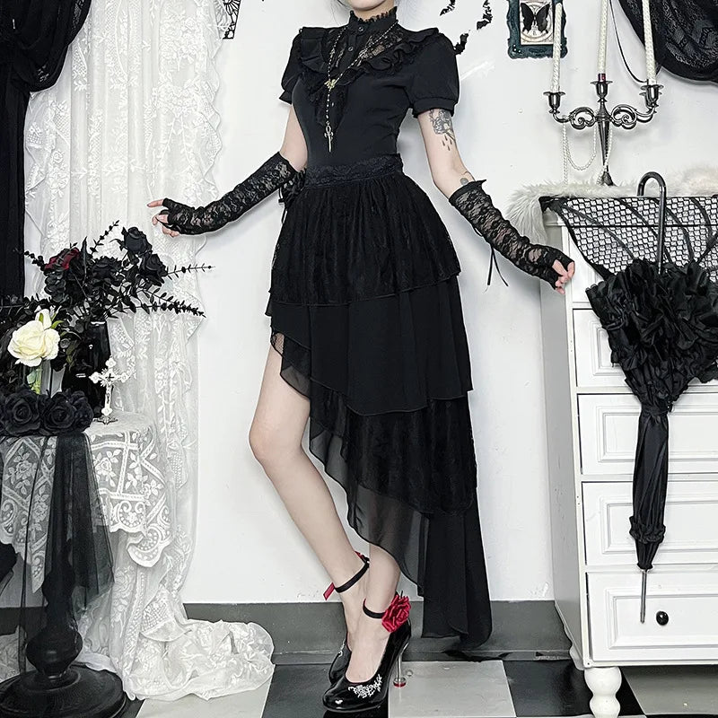 Harajuku American Fashion Gothic Black Irregular Layer Spliced Layered Skirt Women's Summer Fashion Street Y2K Long Skirt