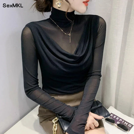 Sexy Mesh Basic T-shirts Women 2025 Fashion Turtleneck Casual Long Sleeve Y2k Tops Korean Clothes Woman Black Winter T Shirt 4XL