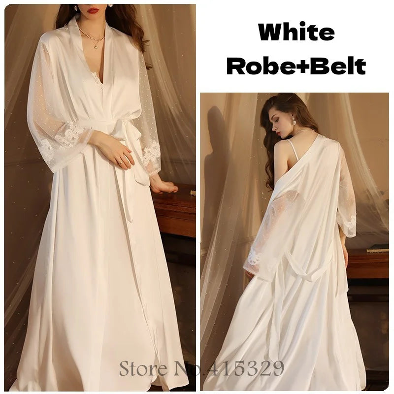 Wedding Bride Robe Set Women Sexy Lace Patchwork Nightgown Long Kimono Bath Gown Loose Suspender Nightdress Intimate Lingerie White A