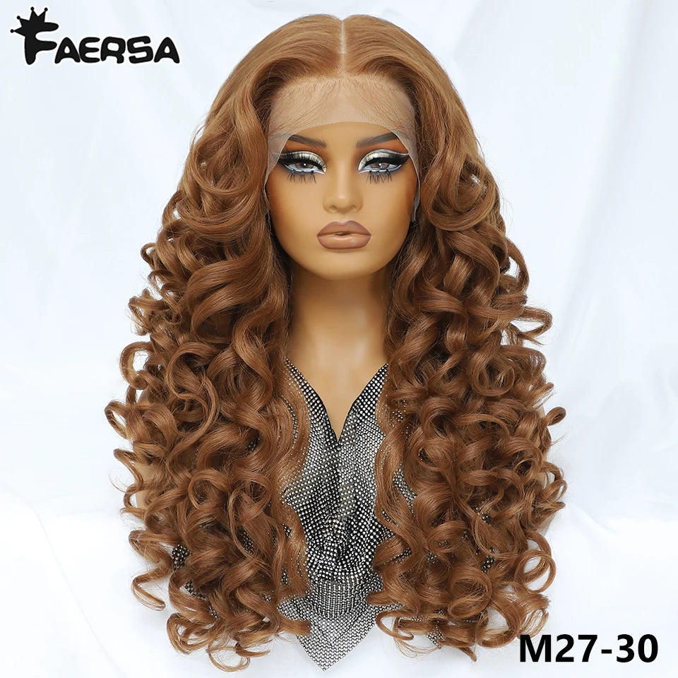 Latisha 13X6 HD Synthetic Lace Front Wigs Curly Pre Plucked Lace Frontal Wig with Bangs for Women Highlight with Babyhair 24Inch Badiee Stylez