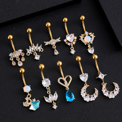 Zircon Crystal Belly Button Ring Dangle Wing Piercing Nombril Ombligo Surgical Steel Barbell Heart Round Navel Stud Body Jewelry