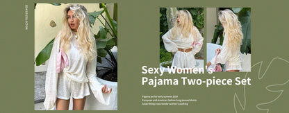 Marthaqiqi Feathers Female Nightgowns Suit Sexy Turn-Down Collar Sleepwear Long Sleeve Nightwear Pants Fashion Women Pajamas Set