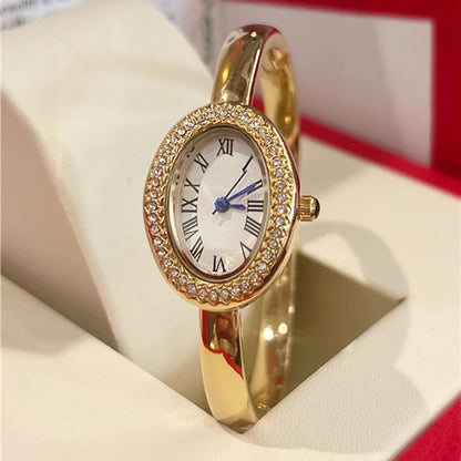 Fashion Brand Wrist Watches Woman Girl Oval Diamond Crystal Bracelet Style Quartz Steel Metal Band Luxury Clock CA192 B Gold white