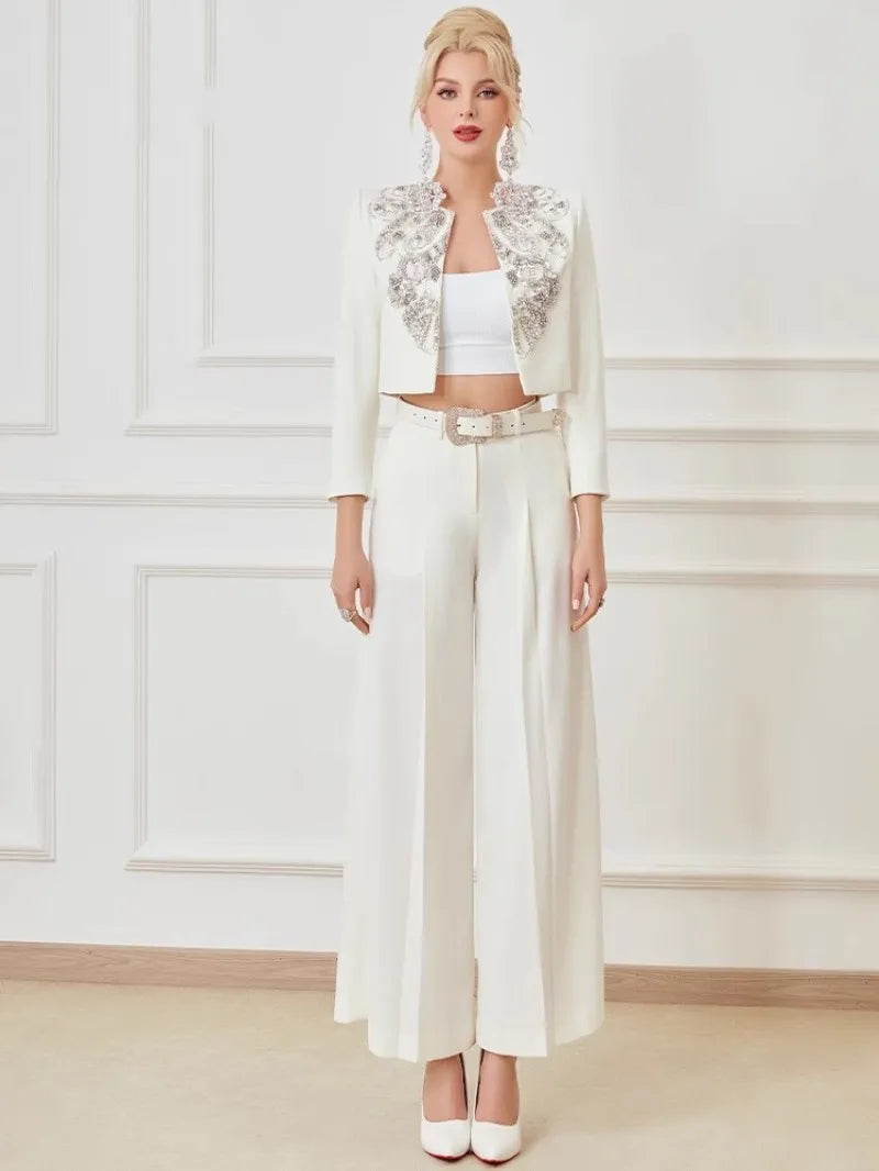 Elegant Office Ladies Designer Handmade Diamonds Slim Fit Short Jacket Hgih Waist Wide Leg Pants Women Two Piece Set Size S-5XL Badiee Stylez