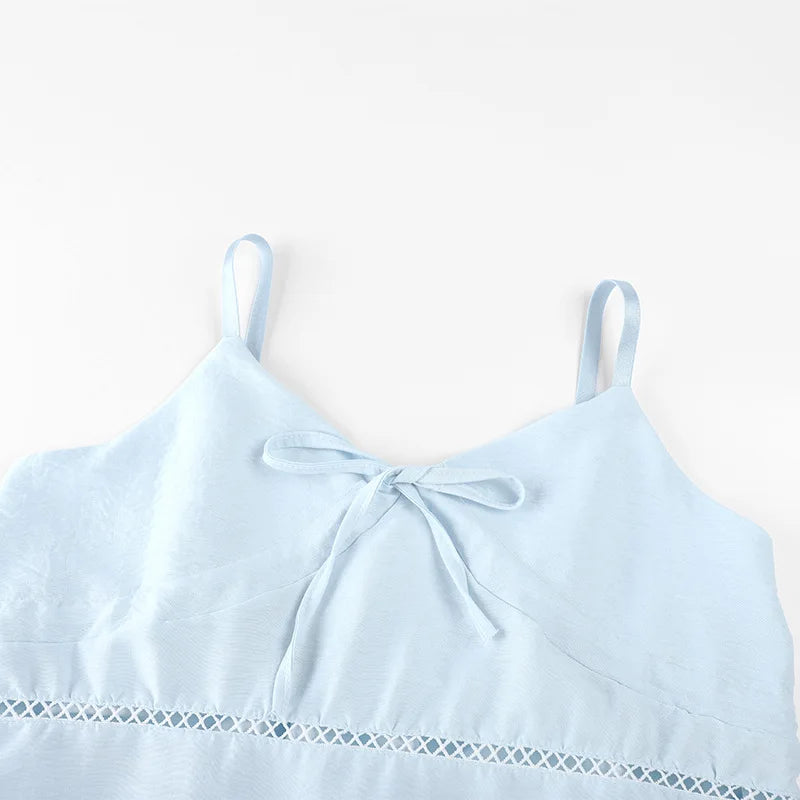 Women's Sexy Pajamas Set V-Neck Strap Suit Elegant Minimalist Faux Cotton Bow Sleeveless Top Long Pants Sleepwear Bra Pads