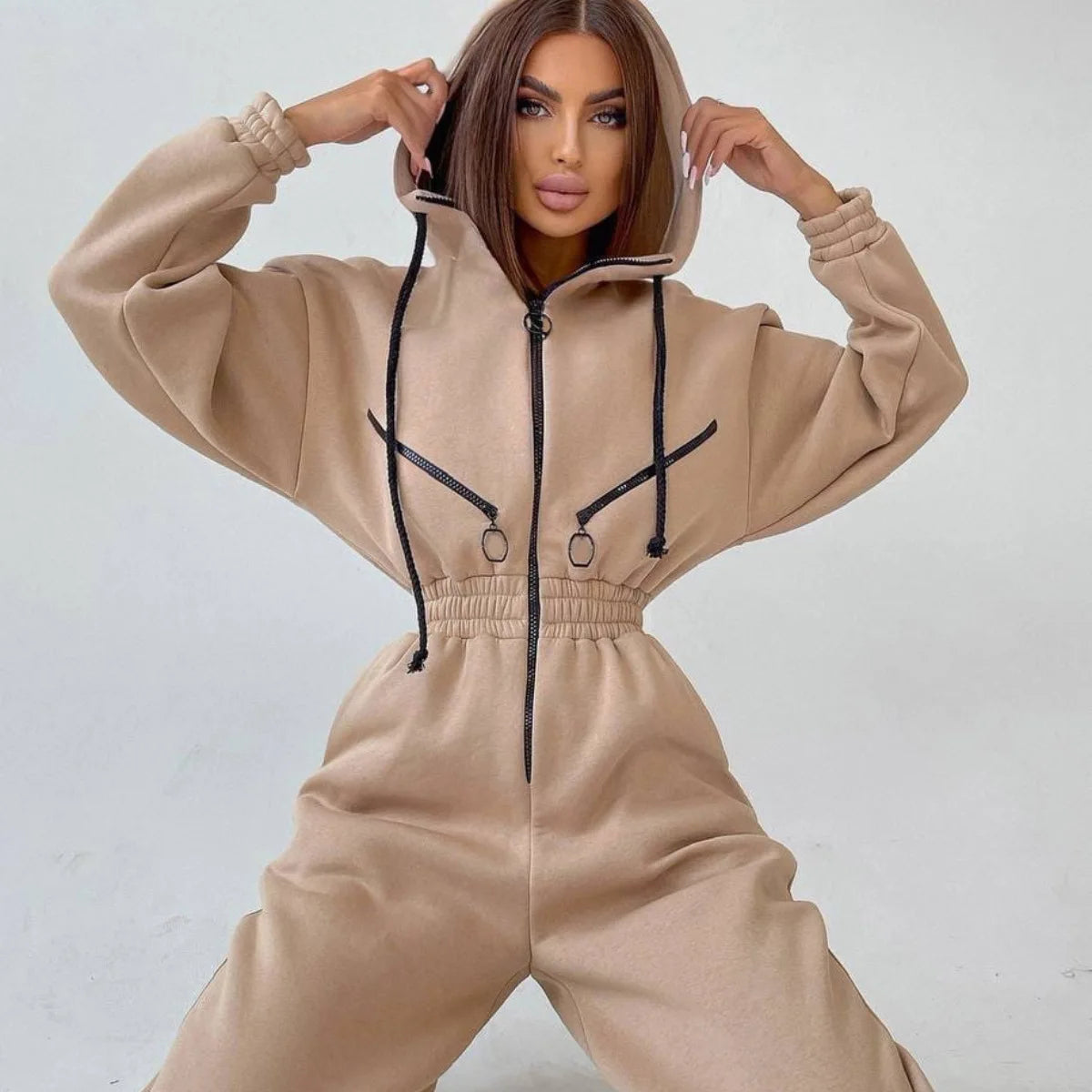 Autumn Women's Monochrome Long-Sleeved Jumpsuit Solid Color Zip-up Sportswear Female Winter Casual Tracksuit Fashionable Hoodies Badiee Stylez