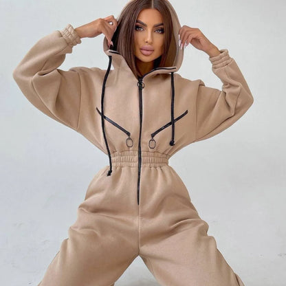 Autumn Women's Monochrome Long-Sleeved Jumpsuit Solid Color Zip-up Sportswear Female Winter Casual Tracksuit Fashionable Hoodies Badiee Stylez