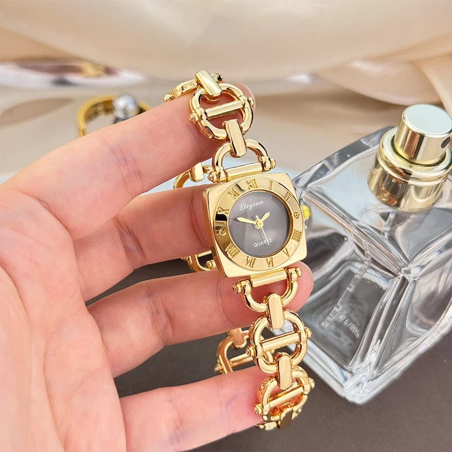 High-End Women's Skeleton Design Watch Square Roman Hour Markers Light Luxury Fashion Cross-Border Best-Seller Ladies Watch