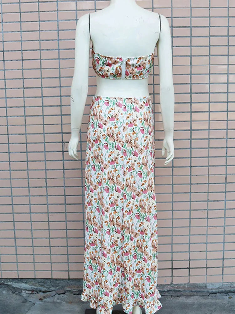 Floral Print Strapless Crop Tops & Shirring Ruffles Slit Maxi Skirts Set Women Summer Two Piece Set