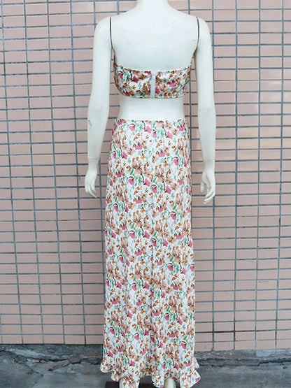 Floral Print Strapless Crop Tops & Shirring Ruffles Slit Maxi Skirts Set Women Summer Two Piece Set