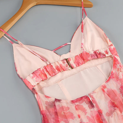 Summer New 2024 Women Sexy V Neck Backless Flower Chiffon Maxi Gowns Dress Split Celebrity Cut Out Beach Maxi Dress