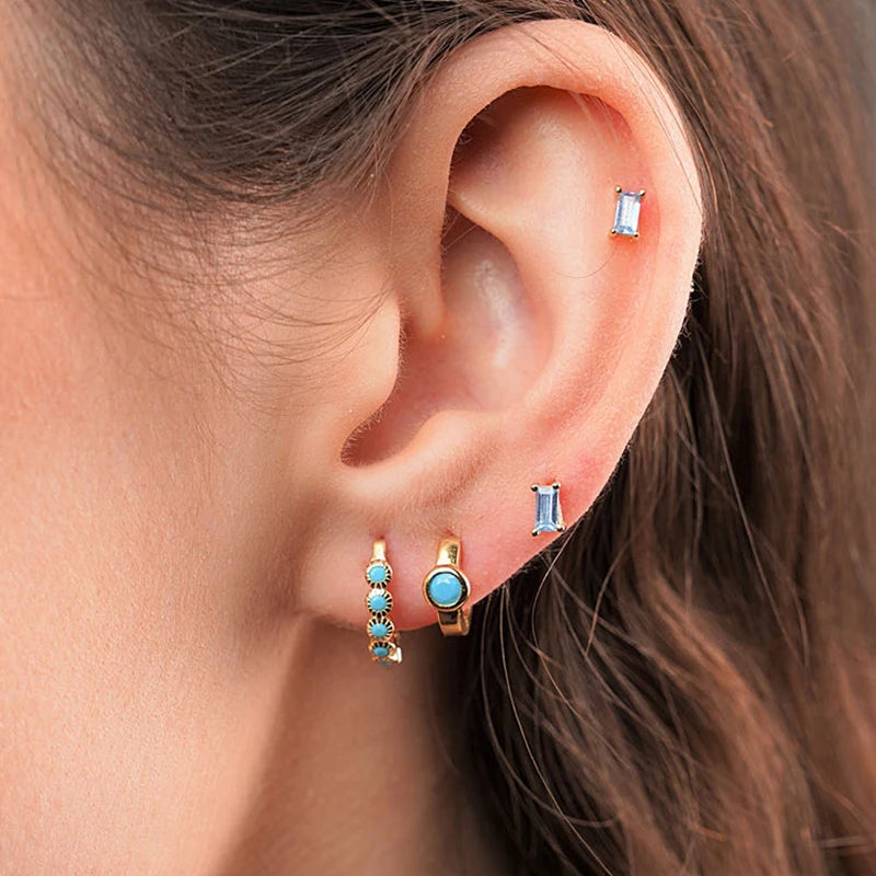 Korean Stainless Steel Turquoise Small Hoop Earrings For Women Round Circle Huggie Punk Unisex Rock Earring Piercing Jewelry