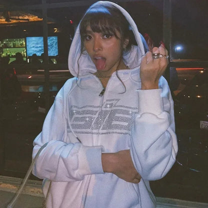 Y2K Gothic Butterfly Print Zip Up Women Hoodies 2025 Winter Grunge Skeleton Sweatshirt Casual Hooded Jacket Streetwear Hoodie