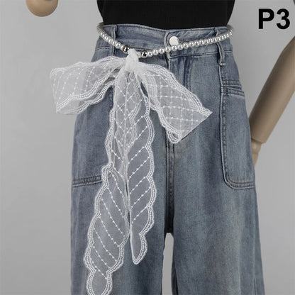 High-Quality Retro Silk Scarf Featuring Lace; Versatile Long Streamer Headband P3