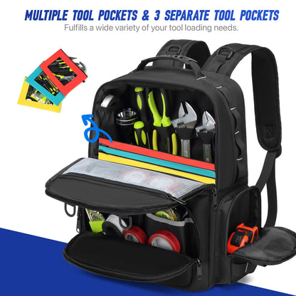 Tool Backpack Heavy Duty for Men Tool Storage With 3 Tool Pouches Organizer Electrician Plumber Maintenance Worker Tool Bags