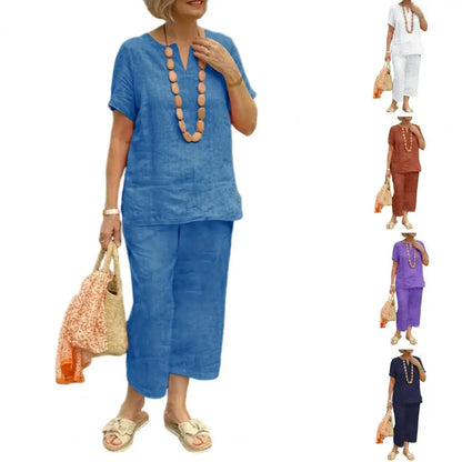 2Pcs Women Blouse Pants Set Solid Color Short Sleeve Loose Top Wide Leg Straight Pants Sets Casual Matching Tracksuit Outfit