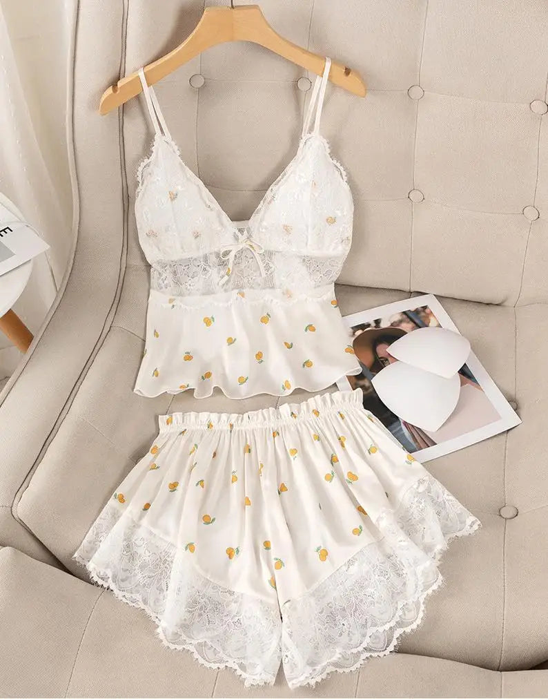 Summer Print Pyjamas Suit Women Sleepwear Lace Hollow Out Pajamas Set Sexy Strap Top&Shorts PJS Lingerie Satin Homewear