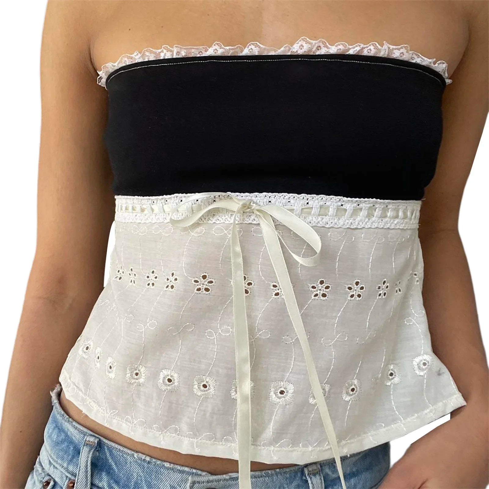 Women's Bandeau Top Kawaii Bow Lace Frill Strapless Tube Tops Summer Sexy Off Shoulder Backless Tie-up Vest Y2k Streetwear black
