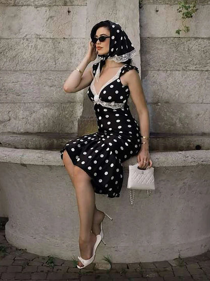 Polka Dot Ruched Dress Elegant Birthday Party Skinny Bodycon Sexy Backless Dress Women Flying Sleeve Lace Trim Applique