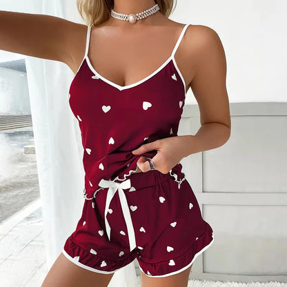 2025 Summer Pajama 2Pcs Set Large Size Vest Ruffle Shorts Women's Suspenders Soft Casual Cute Printed Women pajamas set Sexy Bow