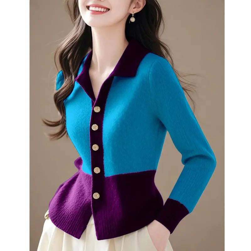 2024 Patchwork New Autumn Winter Polo Knitting Cardigan Sweater Coat Fashion All-match Long Sleeve Temperament Top Tee Women's Blue