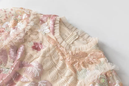 IEQJ Fashion Pink Embroidered Sequins Dress Women's Round Neck Ruffles Half Sleeves Ankle-length Dresses New 3A132 Badiee Stylez