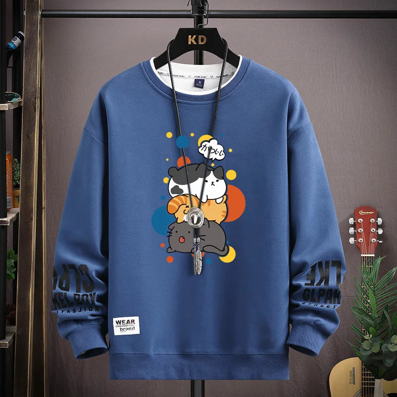 Spring Men's Sweatshirt Japan Cartoon Cats Printed Long Sleeve T-shirt Fashion Men's Clothing Khaki O Neck Harajuku Top 2024 New