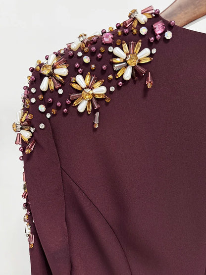 QMQA Fashion Women's Evening Dress Bead Diamond Spliced V Neck Long Sleeve High Waist Maxi Party Dresses 2025 Spring New QM324 Badiee Stylez