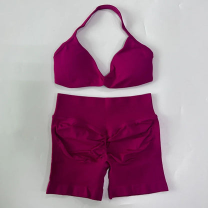 NO LOGO 2PCS Gym Set Women Strappy Yoga Bra Top High Waist Workout Scrunch Shorts Sports Suit Seamless Yoga Set Fitness Clothes Badiee Stylez