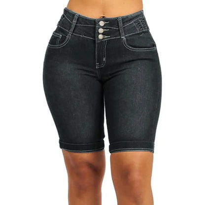 Trendy Denim Shorts Wear-resistant Bodycon Slim Jeans Shorts Mid Rise Soft Women Shorts for School Black