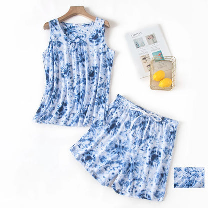 Hzioiys Summer Pajamas Sets Cotton Sleepwear Suit Women Casual Pajama Sets Cartoon Vest Shirt + Shorts Pajamas Suit Plus Size Blue White