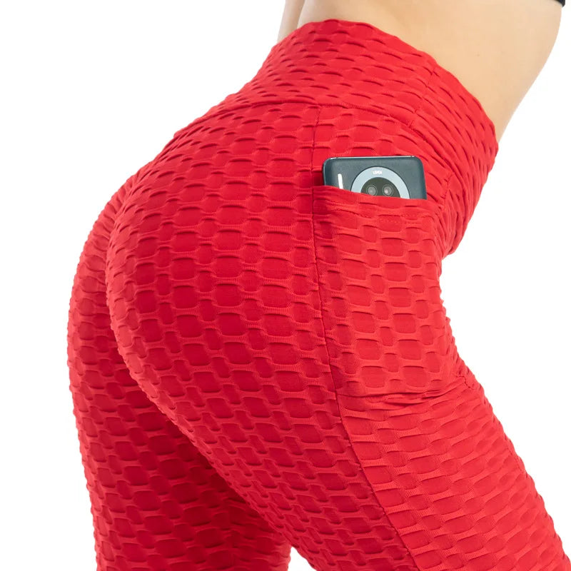 Women Fashion Pocket Bubble Pants Stretchy Slim Leggings Gym Running Cycling Fitness Pants High Waist Hip Lift Leggings Female red