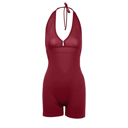 Sexy Backless Playsuits Women Sports Fitness Summer Fashion Black New Rompers Slim Casual Hollow Out Bandage Halter Playsuits