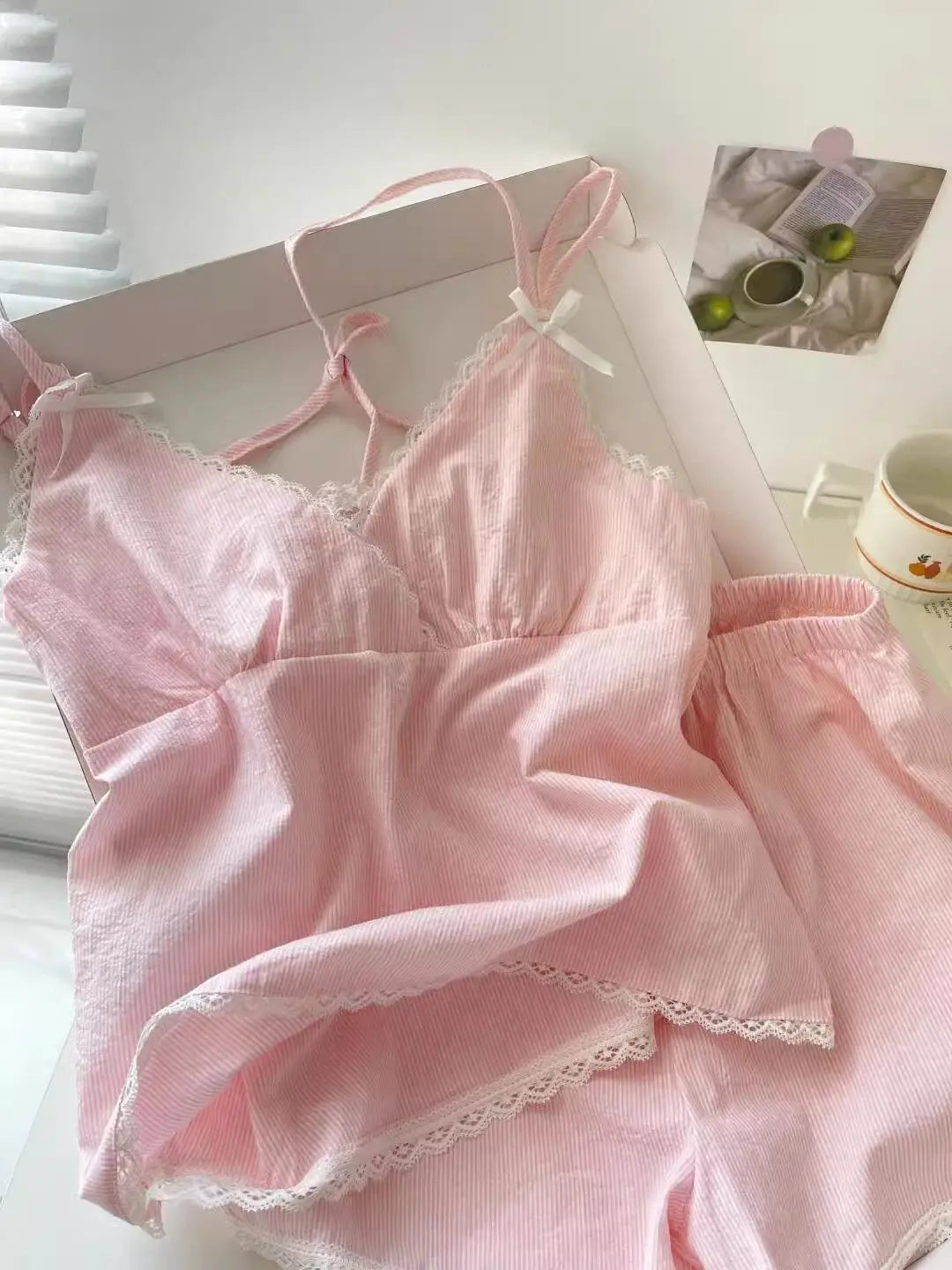 Lace Sleepwear Women Pajama Sets Striped Korean Piiama Summer Shorts Sets 2 Pieces Spaghetti Strap Night Wears Pink Home Suit