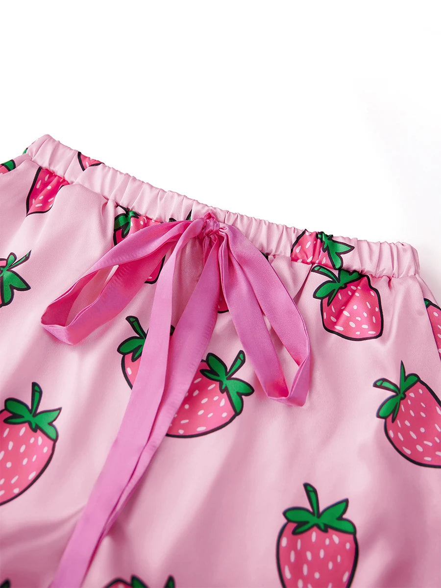 Women's 2 Piece Lounge Set Long Sleeve Lapel Strawberry/Bow Print Button Up Tops Shorts Sleepwear Sets