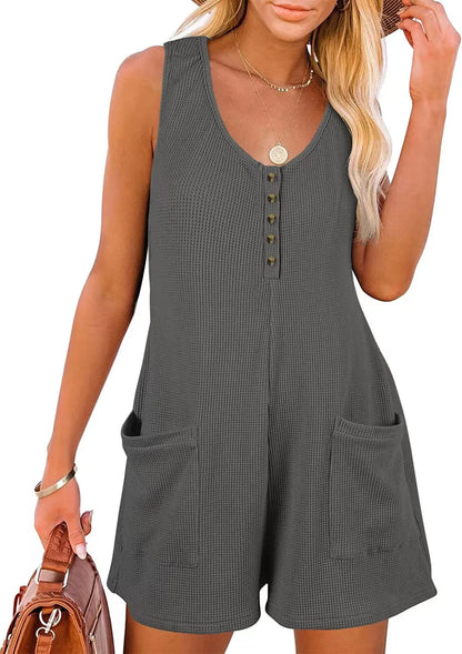 Women Loose Overalls Boho Solid Color V Collar  Pocket Sleeveless Rompers Summer Casual Clothes Short Jumpsuit Badiee Stylez