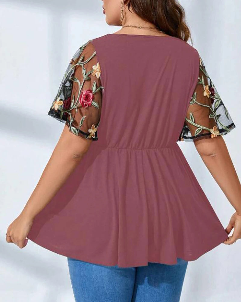 Plus Size Europe and The United States New Women's V-neck Casual Mesh T-shirt