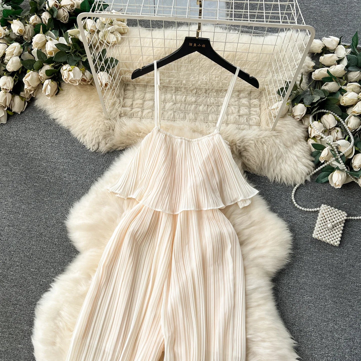 Vacation Loose Jumpsuit Strap Backless Thin Romper Streetwear Women INS One-Piece Outfit Beach Style Pleated Bodysuits