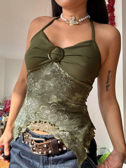 Rockmore Boho Vintage Print Mesh Patchwork Crop Top Women V Neck Camis Y2K Streetwear Female Coquette Aesthetic Clothes 2024