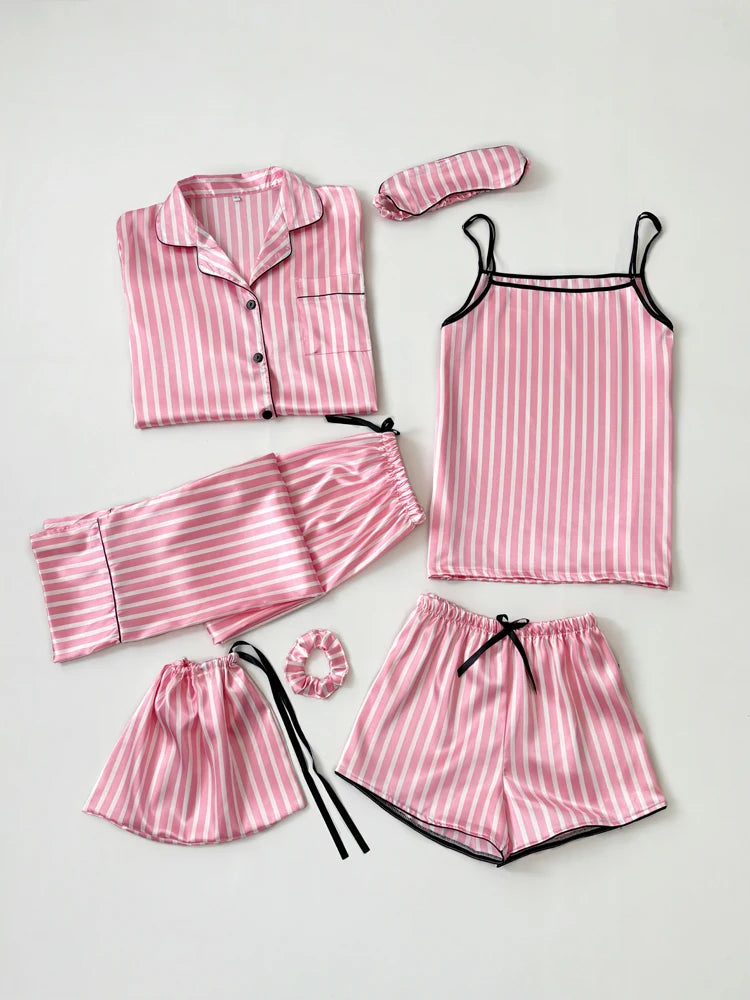 Luxurious women's starry sky print, leopard print satin pajama set, including pocket collar top, pants, shorts, adjustable shoul pink