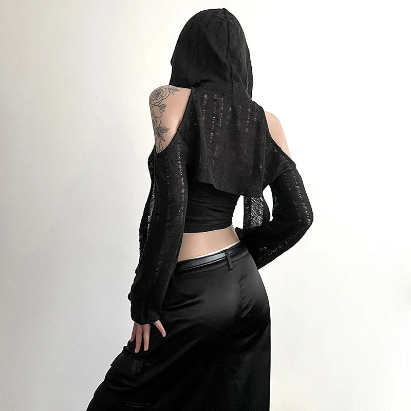 Goth Dark Open Shoulder Techwear Y2k Crop Cardigans Mall Gothic Hooded Sexy Women Crop Tops Punk Grunge Buckle Streetwear Shirts