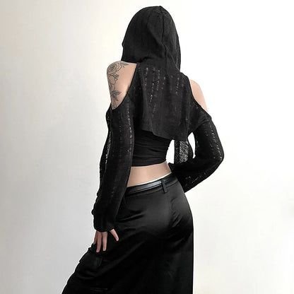 Goth Dark Open Shoulder Techwear Y2k Crop Cardigans Mall Gothic Hooded Sexy Women Crop Tops Punk Grunge Buckle Streetwear Shirts