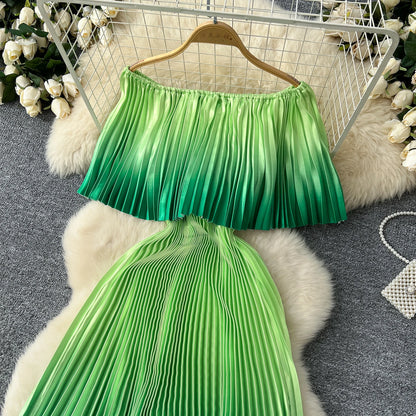 SINGREINY 2025 Gradient Party Long Dress Female Off Shoulder Elastic Waist A Line Sundress Vacation Luxury Pleated Maxi Dresses