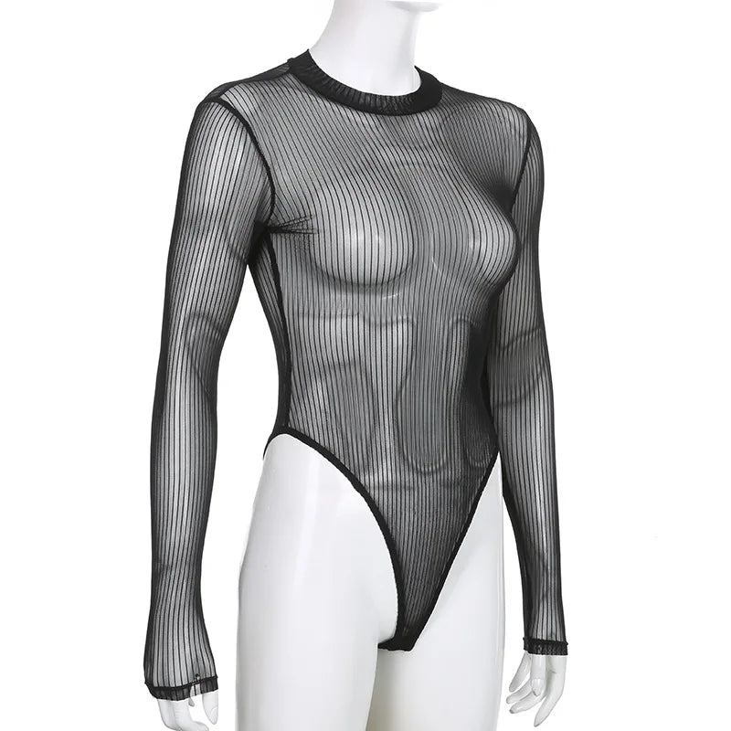 See Through Bodysuit Backless Hollow Out Transparent Club Jumpsuits Women Solid Black Tee Summer Elegant Sexy Streetwear