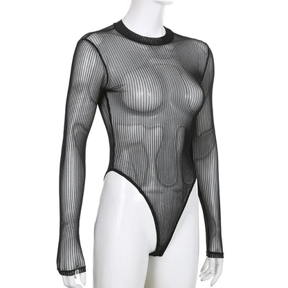 See Through Bodysuit Backless Hollow Out Transparent Club Jumpsuits Women Solid Black Tee Summer Elegant Sexy Streetwear