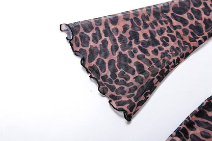 Women Summer Dress Leopard Print Backless See-Through Dress Party Night Clubwear Sexy Flared Sleeves Lace Up Bodycon Mini Dress