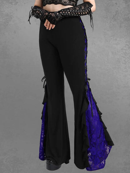 ROSEGAL Plus Size Gothic Lace Panel Lace-up Ruffle Flare Pant Women Streetwear Elastic Waist Pull On Pant Colorblock Bell Bottom Deep Blue