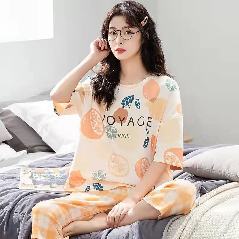 Summer Ladies Pajamas Loungewear Set Women's Summer Short Sleeve Cropped Pants Loungewear Thin Korean Casual Two-Piece Set Yellow2023-37